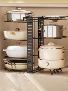 1pc Adjustable Iron Pot Lid Rack, Black Multi-Function Kitchen Storage Organizer, Pot Lid Holder, Pot & Pan Rack, Sink Shelf, 5/8 Tier Cookware Rack, DIY Assembly For Kitchen, Sink, Cabinet, Countertop