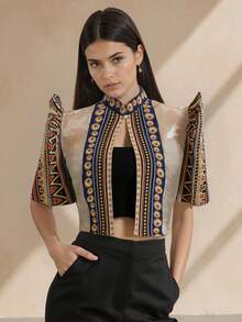 1件 Amyenjoylife 现代菲律宾风格女式衬衫，时尚半透明拼接立领设计，优雅衬衫，纽扣开襟，春夏款，蝴蝶袖菲律宾风格，女士菲律宾短外套 - 金色 - 查看 4