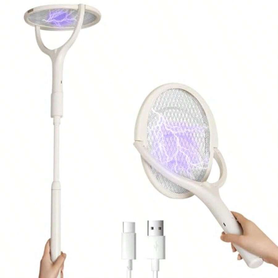 Raqueta Mosquitos 6 en 1 Matamoscas Electrico Recargable USB con Extensión Telescópica Raqueta Electrica para Mosquitos Giratorio de 90° Mata Mosquitos Eectrico para Interior y Exterior - Blanco - Ver 1