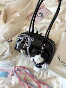 Women's Horizontal Boston Bag With Ribbon Decoration, Large Capacity, Lightweight PU Material, Fashionable & Cute, Popular Model, Perfect For Commuting To Work Or School - Black - View 4