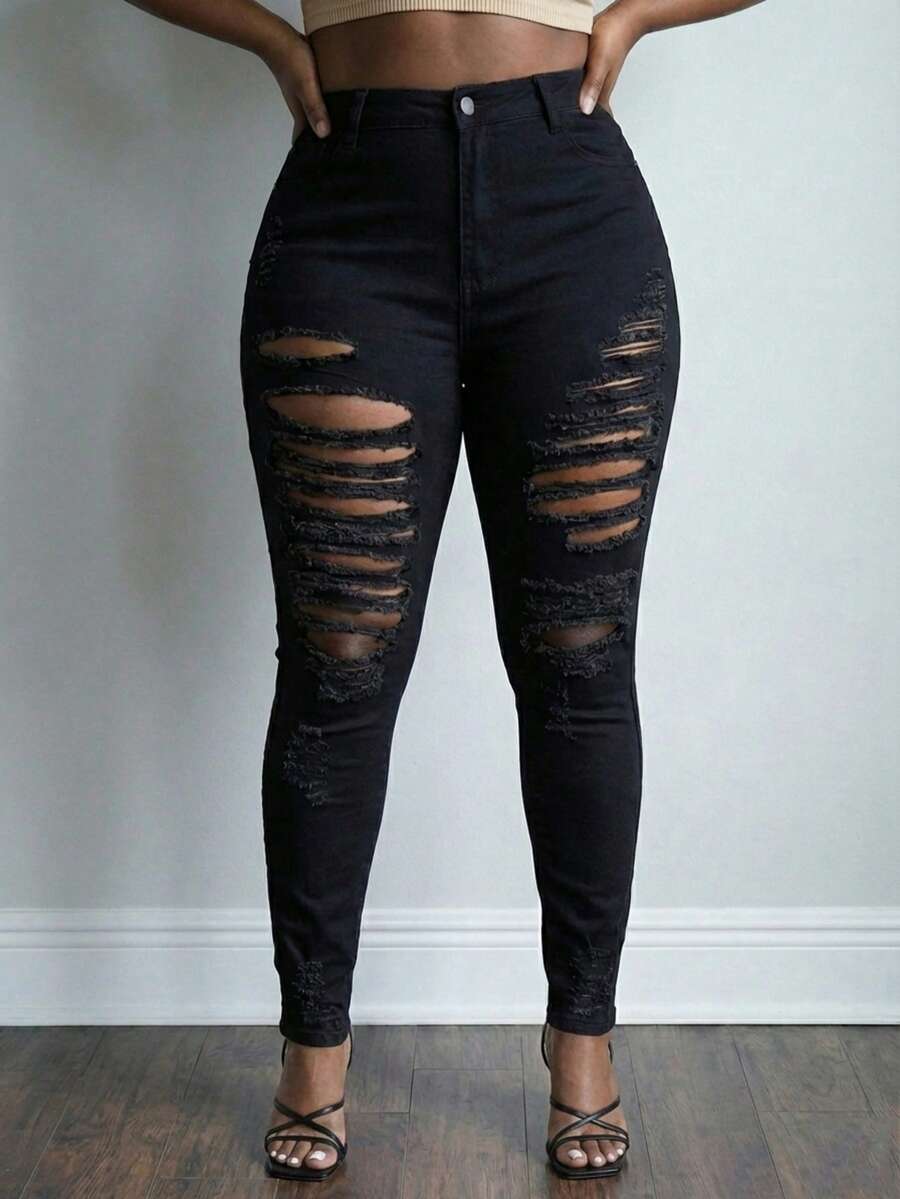 Jkorea Women's High Waisted Heavily Distressed Skinny Jeans - Ripped Shredded Denim Pants Streetwear Aesthetic - Black - View 1
