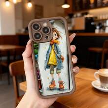 Cubierta de telefono con borde negro y diseño de niña con abrigo azul y chaqueta amarilla ilustracion artistica para uso diario en cafeterias y espacios urbanos,Aplicable a los teléfonos de la serie Apple y Galaxy - Café integral - Ver 2
