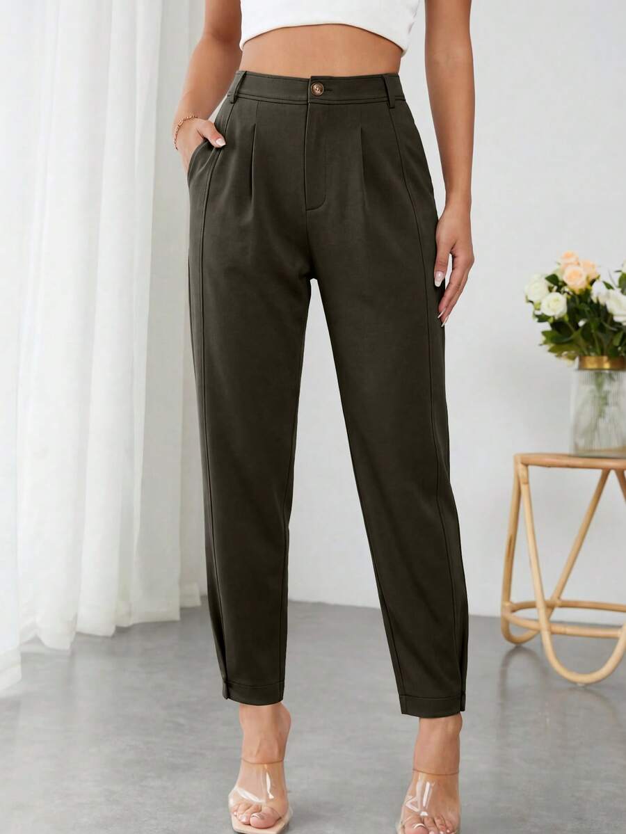 Women's Casual Elastic High Waist Button Down  Long Straight Solid Color Pants Spring Fall Business Office Work Trousers Slacks With Pockets - xanh quân đội - Xem 1