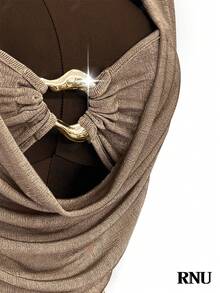 RNU Khaki Brown Backless Draped Collar/Metal Button Hollow/Minimalist Sequin Elastic Fitted Bottom, Women's Casual Nightclub Business Casual Concert Outfit/Office Wear, High Stretch Slim Fit Casual Daily/Valentine's Day/Carnival/New Year/Birthday Dress, Sexy Nightclub Party/Street/Vacation/Travel/Date, Spring/Summer New Mini Skirt - Coffee Brown - View 2