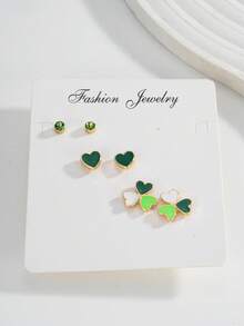 3对女士时尚耳环（不含卡片） - 简约个性化圣帕特里克节闪亮绿色水钻四叶草心形耳环，适合狂欢节、度假、送给女友和闺蜜的礼物 - 彩色 - 查看 1