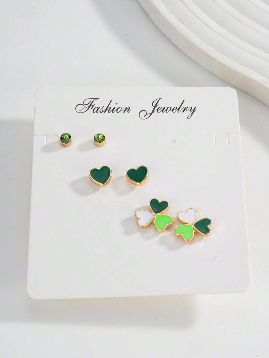 3对女士时尚耳环（不含卡片） - 简约个性化圣帕特里克节闪亮绿色水钻四叶草心形耳环，适合狂欢节、度假、送给女友和闺蜜的礼物 - 彩色 - 查看 1