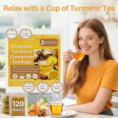120-Count Turmeric, Ginger & Cinnamon Herbal Tea - Supports Digestive Health | Warm Spicy-Aromatic Flavor | Caffeine-Free, Allergen-Free, No Artificial Additives | Pure Formula, Easy To Brew For Daily Hydration