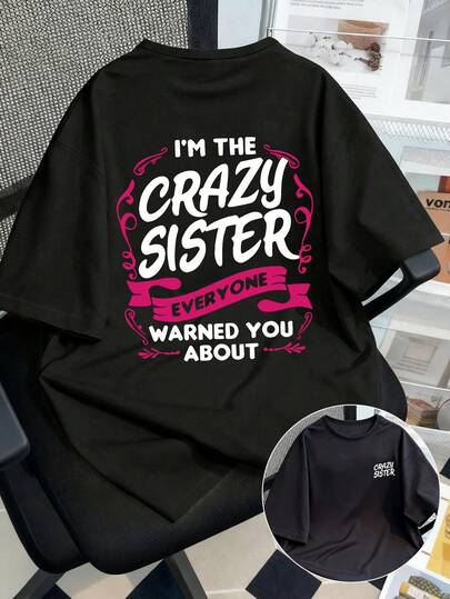 Plus Size Women's Crazy Sisters Double-Sided Pattern T-Shirt - 'I'm A Crazy Sister' Funny Print, Loose Fit, 180g Casual Fashion T-Shirt, Black With Pink Geometric Pattern, Machine Washable, Summer Essential For Women, Casual Wear | Crazy Sisters T-Shirt | Comfortable And Soft, Sisters T-Shirt, Black Top