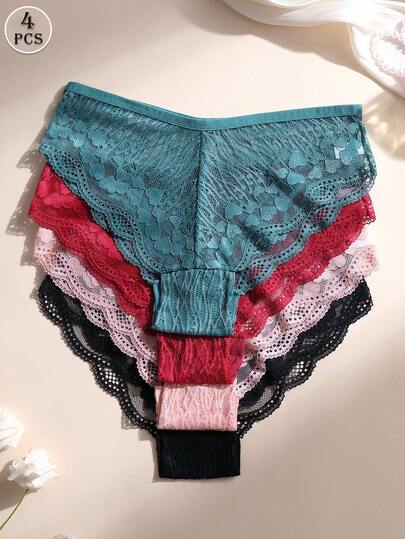 Bộ 4 quần lót bikini phối ren gợi cảm, cạp thấp, không đường may, khoét lỗ, thoải mái dành cho nữ.