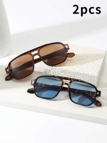 1pc Men's Classic Square Double-Bridge Minimalist Stylish PC Frame Glasses, Suitable For Party, Casual, Holiday, Travel, Beach, Daily Wear - 2-piece Combo Pack (Tea Tea Ten Tortoiseshell Blue) - View 3