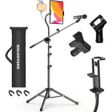 Microphone Stand Floor Foldable Mic Stand Heavy Duty Tripod Boom Arm With 2 Screws Adapter 2 Mic Clips 2 Foam Covers And Carrying Bag For Singing Karaoke Stage HLS02 - IPAD Clip + Gooseneck - View 1