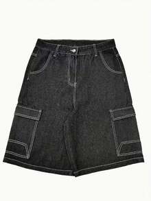 Men's Casual Original Color Printed Wide Leg Denim Shorts - Black - View 4