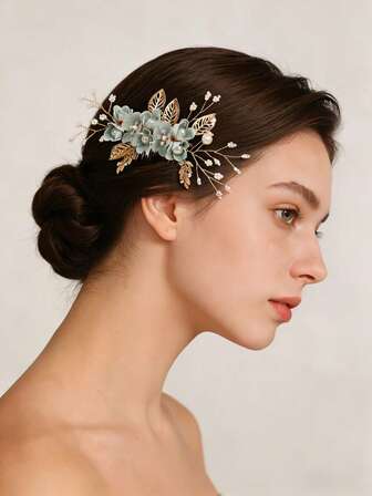 1pc European & American Style Pearl & Rhinestone Flower Hair Comb Headpiece, Handmade Bridal Hair Accessory