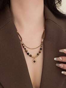 1 chiếc vòng cổ mặt dây chuyền hoa hướng dương vàng cổ điển và đá mắt hổ, thiết kế độc đáo dạng dây chuyền nhiều lớp, phụ kiện vòng cổ cho tiệc tùng và tiệc chiêu đãi (màu hạt ngẫu nhiên) - màu nâu - Xem 5