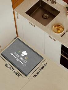 【热销！！！】1片装软橡胶厨房地垫，3.5毫米厚，灰色条纹卡通厨房用具图案，吸水性强，可自行裁剪以适应厨房大小，表面为织物材质，中间层为海绵层，底部为橡胶层，适用于厨房地毯、厨房装饰、婚礼装饰、家居装饰、浴室地垫、玄关地垫、洗衣房地垫、走廊地毯、客厅地垫等。