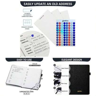 Address Book With Individual Alphabetical Tabs Laminated, Large Print Address Book With 468 Wide Lining Entry Spaces, Change Of Address Labels, Hardcover Address Book 5. 8.5 Inch - Black