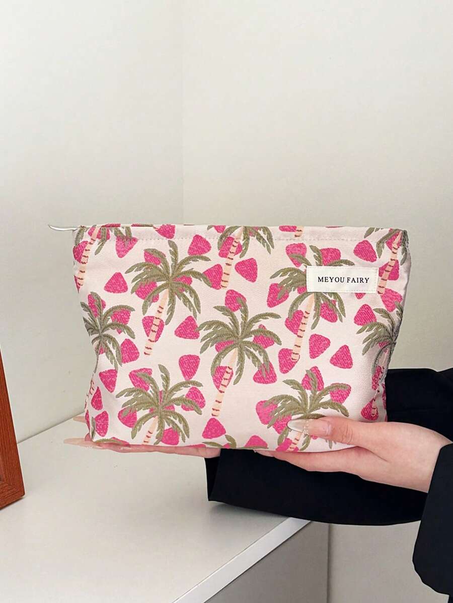 玫瑰红奢华化妆包，大容量3D棕榈树压纹便携式收纳包
