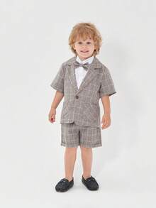 BOARNSEORL 2 piezas Conjunto de traje de caballero para niños pequeños: Blazer de manga corta a cuadros con pajarita y pantalones cortos, de moda y elegante para fiestas, eventos y salidas - Caqui - Ver 7