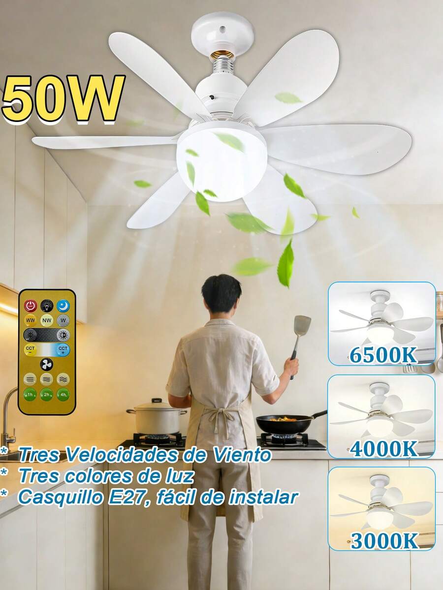 Ventilador con luz de casquillo de 50W/60W, ventilador de techo de 20.5" con luz y control remoto, ventilador de casquillo E27 con LED para baño, dormitorio, ventilador LED blanco,bombilla de base E27, 3 colores 3000K-6500K, ventilador con luz regulable para garaje, baño, dormitorio, cocina, 4000 lúmenes. - 50W - Ver 1
