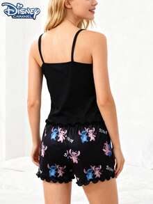 Disney Spring/Summer 2pcs Women's Pajama Set, Featuring Adorable Stitch And Angel Cartoon Prints, Comfortable Camisole/Off-Shoulder Pajama Set And Shorts. - Black - View 4