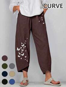 Plus Size Women Butterfly Print Casual Elastic Waist Wide Leg Capri Pants - Coffee Brown - View 1
