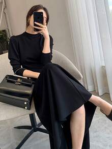 Vestido largo de manga larga y cuello redondo para mujer. Falda ajustada de color liso y corte en A. Vestido juvenil de largo medio para mujer. - Negro - Ver 6