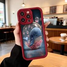 Cubierta de teléfono con diseño tridimensional de ballena azul y flores de cerezo en burbuja negra para uso diario en cafeterías y espacios casuales,Aplicable a los teléfonos de la serie Apple y Galaxy - Café integral - Ver 5