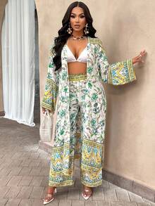 Floral Print Wrap Top And Wide-Leg Pants Set, Perfect For Vacation (Random Print) - Blue and White Color - View 5