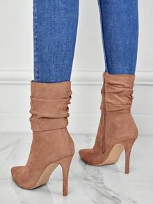 女士秋冬尖头褶皱侧拉链时尚靴，10厘米仿鹿绒面革优雅户外修身小腿靴，派对靴 - 棕色 - 查看 5