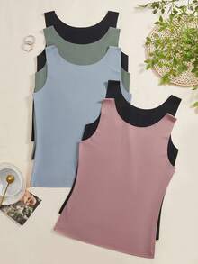 5 Blusas de Seda Femininas, Sem Mangas, Gola Redonda com Alças Largas, Roupa Exterior da Moda, Blusas Confortáveis e Casuais - Multicolorido - Ver 3