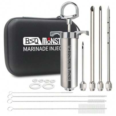BSQ MONSTER Meat Injector Syringe Kit With 4 Professional Marinade Injector Needles And Travel Case For BBQ Grill Smoker Turkey Brisket; 2-Oz Capacity; Paper User Manual And E-Book PDF