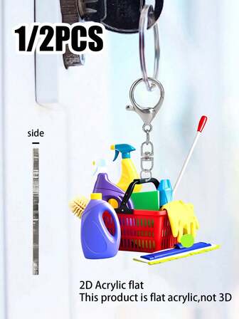 Lindo accesorio colgante de acrílico plano 2D en forma de herramientas de limpieza como escoba, trapeador, cubo y esponja, un accesorio de estilo para mochilas, bolsos, billeteras y regalos de pareja. Un regalo ideal para familia y amigos, perfecto para cumpleaños, ocasiones especiales, San Valentín, actividades al aire libre, fiestas, regalos y recuerdos. También un regalo perfecto para volver a la escuela y Navidad.
