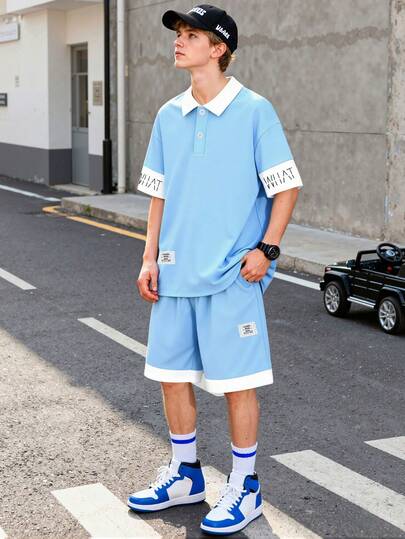 2pcs/Set Teenager Boys' Summer Short Sleeve Polo Shirt And Shorts Set, Blue & White Design With Text On Sleeve, Loose Fit, Casual Streetwear Outfit For Spring/Summer