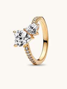 1 Pc Unique Silver Double Heart Gemstone Ring , Luxurious Style Gold Ring , For Women's Weddings, Banquets, And Gifts For Girls' Daily Life Decor - 金色 - 查看 7