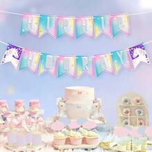 一套粉色独角兽主题派对横幅 - 心形/星形图案 | 梦幻设计，色彩鲜艳，适合万圣节、圣诞节、新年、情人节及其他派对活动、生日装饰 - 彩色 - 查看 3