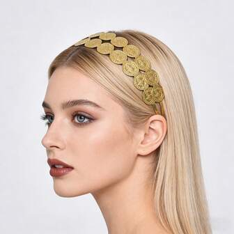 Diadema de metal de doble capa con decoración de monedas retro, adecuada para actuaciones y baile