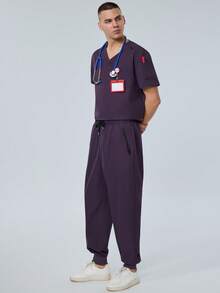 cimmuovere Parte superior de manga corta con cuello en V y múltiples bolsillos, y pantalones lisos de pijama médico para hombres. Uniforme de enfermería para dentistas, personal de salud, veterinarios y laboratorios - Morado - Ver 6