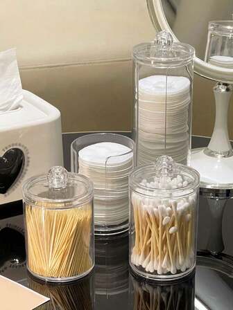 1 pieza Caja de almacenamiento redonda de plástico transparente, para almacenar y organizar hisopos de algodón, palillos, cosméticos, etc. en el tocador o escritorio de la oficina. A prueba de polvo, de moda y minimalista. Caja de almacenamiento de cosméticos y artículos de papelería, contenedor de estilo de botella de plástico transparente, adecuado para el almacenamiento de cosméticos de tocador y el juego de accesorios de baño.