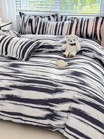 4 st svartrandigt sängkläderset (1 påslakan, 2 örngott, 1 lakan), modern elegant stil, hudvänlig och bekväm, lämplig för enkel-/dubbelsäng, alla årstider