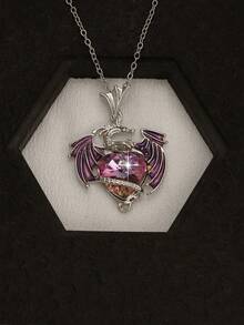 1件精美诞生石龙形吊坠项链，心形卡通翼龙设计，女士款 - 彩色 - 查看 3