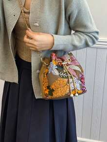 1pc Colorful PVC Floral & Leaf Embroidery Linen Bucket Bag, New Holiday Style Shoulder Bag, Fashion Versatile Chain Crossbody Bag Suitable For Shopping, Wallet, Young Women, College Students, Newlyweds, Office Ladies. Perfect For Office, University, Work, Business, Commute, Outdoor Activities, Travel And Picnics - Multicolor - View 7