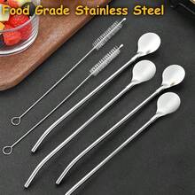 12 pajitas con cucharas 2 en 1 pajitas de acero inoxidable cucharas con 2 cepillos de limpieza para latte macchiato cócteles batidos color plateado - Plata - Ver 4