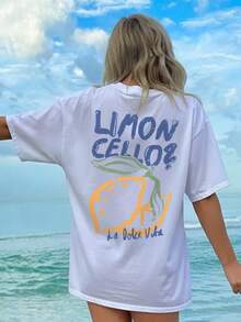 女士柠檬印花圆领短袖T恤，休闲度假风上衣，时尚夏季日常休闲T恤 - 白色 - 查看 6