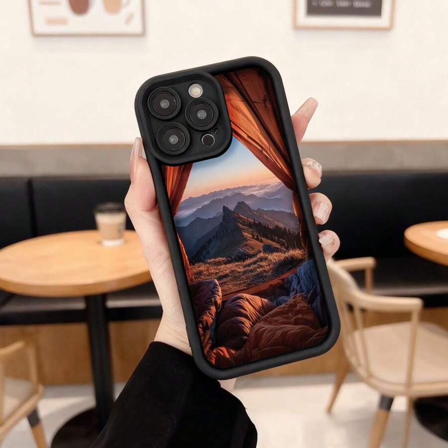 Cubierta de teléfono con borde negro diseño de cortinas abiertas paisaje montañoso al atardecer para uso diario y viajes,Aplicable a los teléfonos de la serie Apple y Galaxy - Café integral - Ver 1