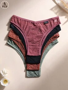 4条装性感蕾丝拼接女士比基尼内裤，低腰无缝柔软三角裤，舒适透气运动内衣，日常穿着，运动瑜伽内裤 - 彩色 - 查看 2