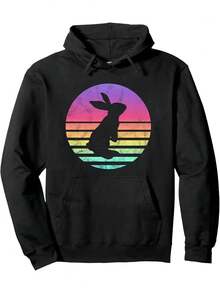 Sudadera con capucha de rayas estilo casete y conejo neón retro de los 80 para hombres - Sudadera vintage de 1985 con bolsillo canguro, degradado rosa cian púrpura rosa, ajuste holgado, suéter casual para fiestas temáticas de los 80, Comic-Con y atuendo casual - Negro - Ver 6