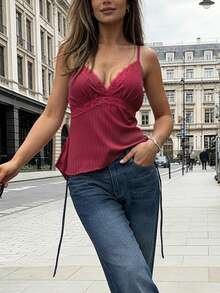 Women's Striped Textured Casual Lace Trim Neck Bohemian Vacation Camisole Top, Suitable For Travel, Beach, Daily Wear, Dating, Commuting, Spring/Summer - Burgundy - View 1