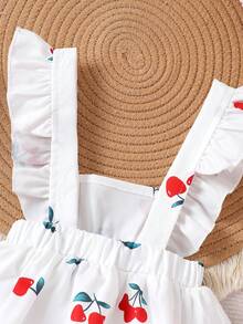 1pc Infant/Toddler Girls' Cute Cherry Print White Bodysuit, Summer