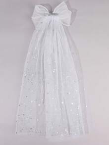 1pc White Tulle Hair Bow For Girls Star Printed Bow Alligator Clips Elegant Large Veil Hair Clips Pearls Border Barrettes Wedding Hairpin Pretty Princess Hair Bow Teens Hair Accessory - White - View 4