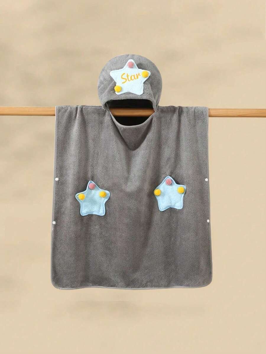 1pc Coral Fleece Children Hooded Bathrobe, Cute Cartoon Design, Absorbent Shawl, 70x140cm - Grey - View 1